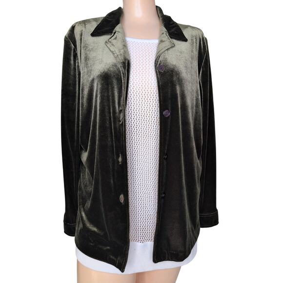 Olive Green Velvet Button Up Top Women Medium Grunge Minimalist Scandi Shacket - Picture 1 of 5